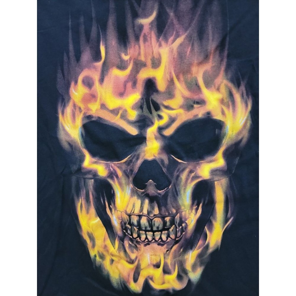 Flaming Skull Short Sleeve Shirt Sz Large 42-44 Black Orange Fire Flames Skull